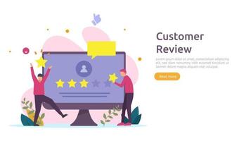 Customer review rating concept. people character giving feedback evaluation. satisfaction level and critic support with smartphone for web landing page, social, poster, ad, promotion or print media vector