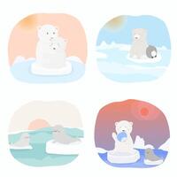 Set of Polar bear and seal on floating ice. vector