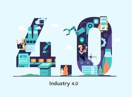 Industry 4.0 banner with robotic arm. Smart industrial numeric vector