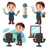 Set of young barber man with equipment in cartoon vector