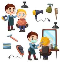 Professional barber making haircut to client with scissors vector