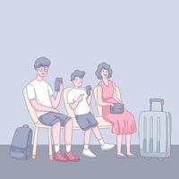 Tourist families sitting in waiting room in cartoon vector