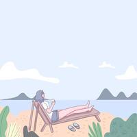 Young woman relax on beach chair at seaside cartoon vector