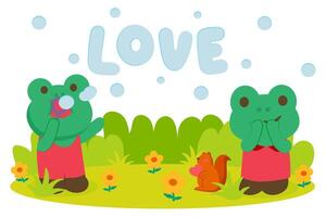 Couple frog blowing soap bubbles in park vector