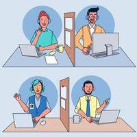 Call center operators at work Woman and man with headphones and microphone with laptop for customer support, help, call center. vector