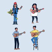 Set of multipl musician guitar player singing song and playing an many kind guitar. vector