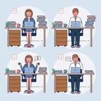 Business woman and man or a clerk working at office desk with laptop. Office staff talking with various poses and hand gestures for business presentation. vector