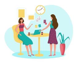 Two women meeting time together at meeting room with laptop computer. vector