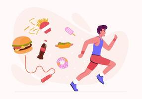 Men do runing to burn calories from food and snacks. vector