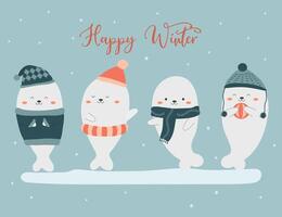 A collection of characters with seals wearing hats and scarves. vector