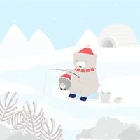 Vector character with penguin and bear fishing on the snow