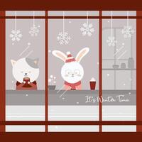 vector of final winter with cat and rabbit sitting drinking coffee in the cafe