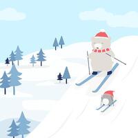 Vector character with a bear and a penguin skiing on the snow