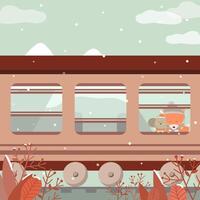 Vector of last winter with a dog and a fox sitting on the train