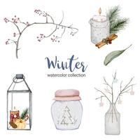 Winter watercolor collection with branches, leaves and jars. vector