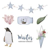 colección de acuarela de invierno con hojas, flores de pingüino y frascos. vector