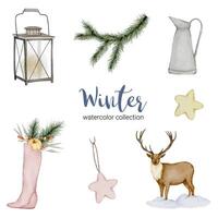 Winter watercolor collection featuring jugs, lanterns, deer and shoes. vector