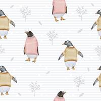 Seamless pattern with penguins and branches watercolor winter vector