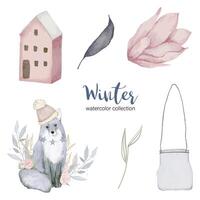 winter watercolor collection with items for home use. vector