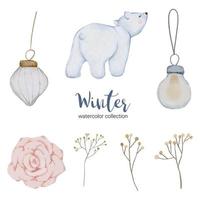 colección de acuarela de invierno con artículos para uso doméstico y oso blanco vector