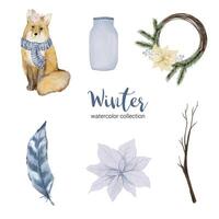 winter watercolor collection with items for home use and fox vector