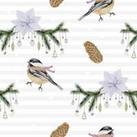 Seamless pattern with winter watercolor birds and branches vector