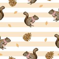 Seamless pattern with squirrel and dried pine cones, winter watercolor vector