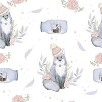 Seamless pattern with fox Flowers and houses decorated in bottles watercolor winter vector