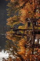 viejo puente de madera sobre el lago en otoño. puente de madera sobre el lago. hojas flotando en el agua, otoño, puente de troncos, plataforma para pescadores foto
