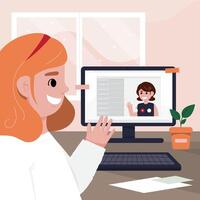 A young woman chatting through her laptop to prevent infection. vector