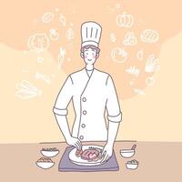 Vector flat illustration with a man who cooks in the kitchen