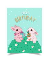 Happy birthday greeting card decorated with rabbit holding carrot and gift box vector