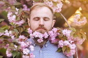 brutal bearded man in the flowering cherry trees. Handsome smiling bearded man outdoors. Spring day. Spring pink sakura blossom. Male spring fashion. Bearded stylish man. Happy guy in pink flowers photo