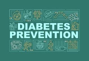 Diabetes preventions word concepts banner. Medical treatment. Infographics with linear icons on green background. Isolated creative typography. Vector outline color illustration with text