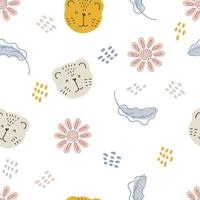 Seamless pattern of tiger muzzles and flowers in pastel color vector