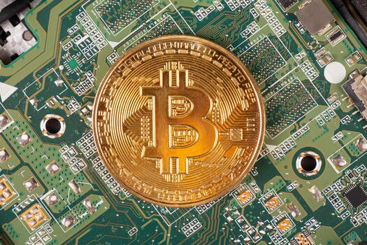 bitcoin coin close up on the background of the motherboard photo