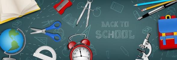 Back to school banner with realistic school supplies on chalkboard background