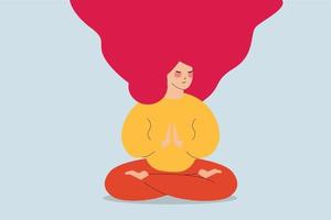 Pregnant woman in cross legged position mediates. Girl with closed eyes practicing yoga in the morning, doing relaxing and breathing exercice at home. Flat design body style for fitness concept. vector