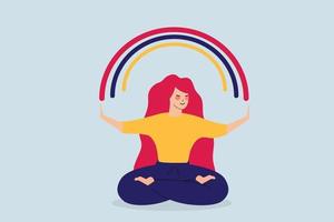 Happy flat design woman sits in yoga position and open her arms to the colorful rainbow. Girl with positive vibes enjoys her freedom and joy of life. Female character body of a positive minded girl. vector