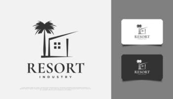 Diseño de logotipo de casa y palmera en estilo minimalista, adecuado para resort, viajes, alojamiento o industria turística. vector