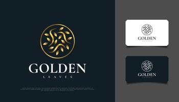 Golden Leaves Logo Design in a Circle, Suitable for Spa, Beauty, Florists, Resort, or Cosmetic Product Identity