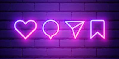 Heart icon with repost and comment neon signs icons on a dark brick wall background. vector