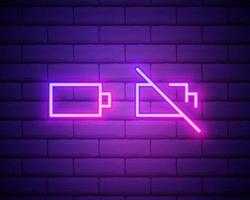 Set of battery neon icon. Charger glowing sign. Vector symbol of low and full battery isolated on brick wall.