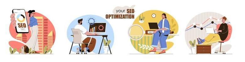 conjunto de escenas de concepto de optimización seo vector