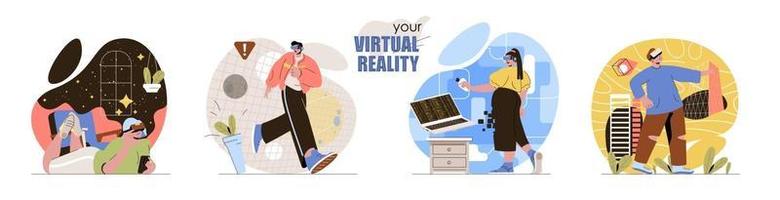 Virtual reality concept scenes set vector