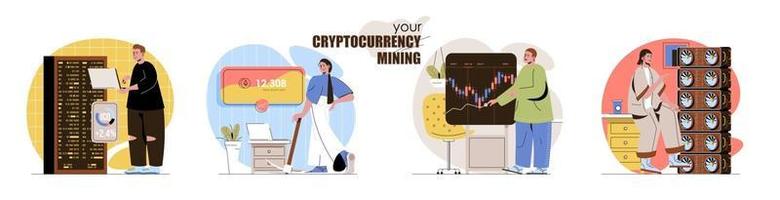 Conjunto de escenas de concepto de minería de criptomonedas. vector