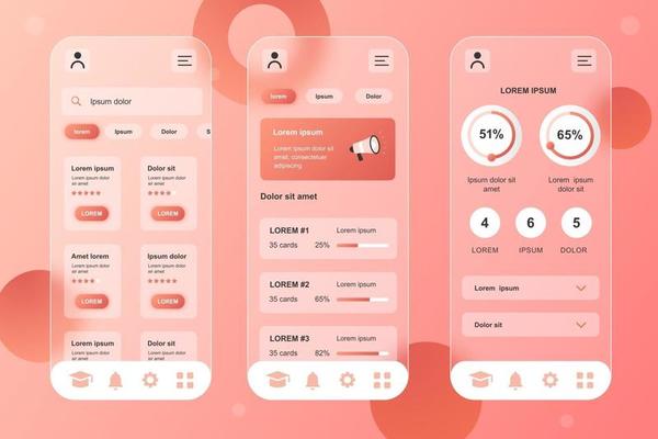 Online learning glassmorphic elements kit for mobile app