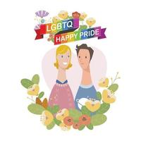 lgbtq feliz orgullo pareja masculina. hay un personaje de pareja entre las flores y una cinta de arcoíris. vector