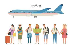 Tourist characters and airplanes. vector