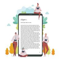 People are reading books leaning on giant digital e-book devices. vector